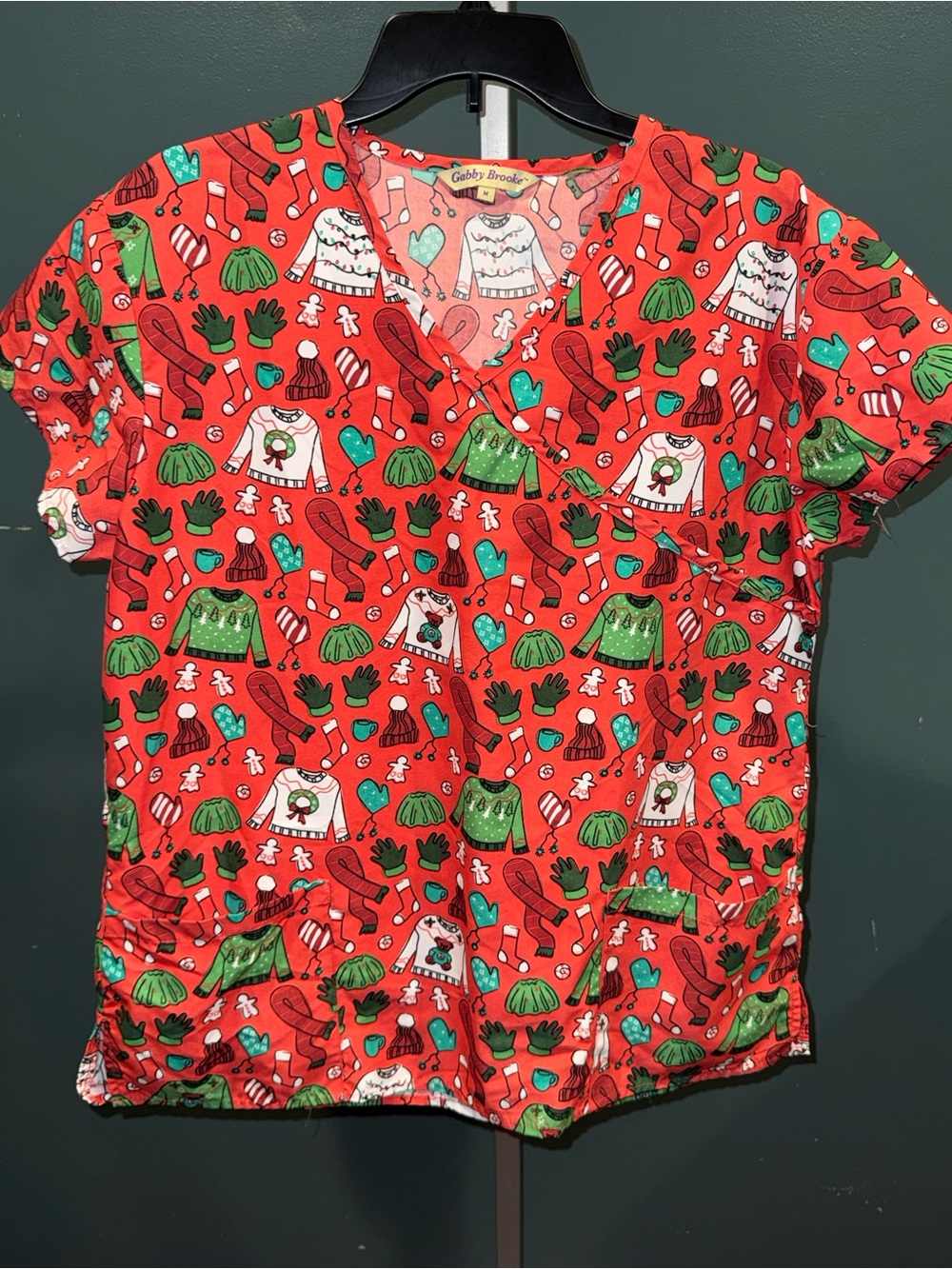 Gabby Brooke Red Holiday Print Scrub Top
